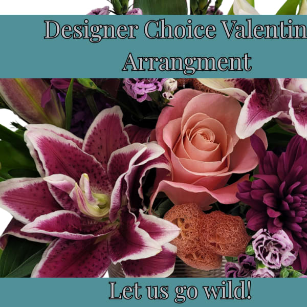 Mixed bouquet with pink rose, purple lilies, and a purple chrysanthemum