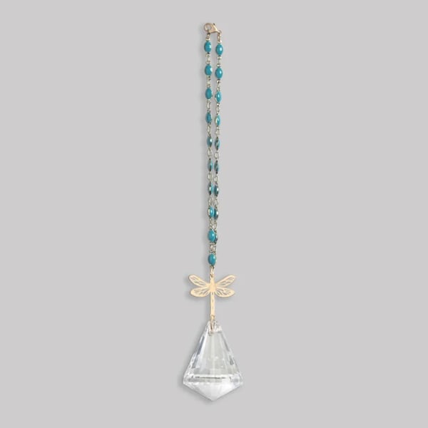Hanging beaded ornament with gold dragonfly and clear crystal prism