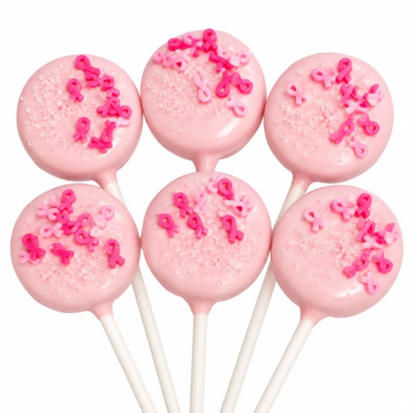 Pink cake pops decorated with breast cancer ribbons