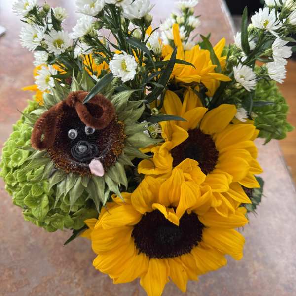 Sunflower bouquet with white daisies and a dog face decoration