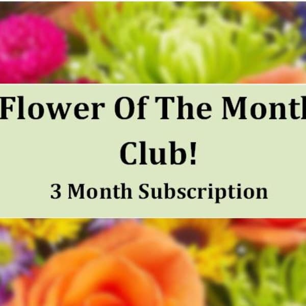 Flower of the Month Club 3 Month Subscription text over a blurred floral background