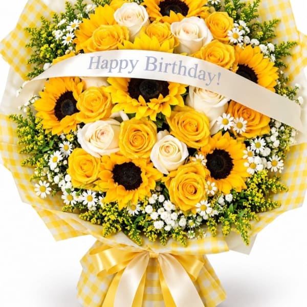 Bouquet of yellow sunflowers and roses with a Happy Birthday ribbon