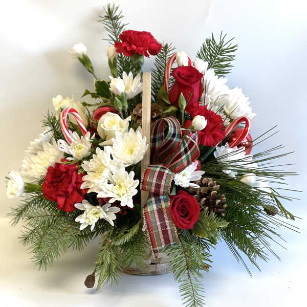Holiday basket arrangement with red and white flowers, candy canes, and plaid ribbon