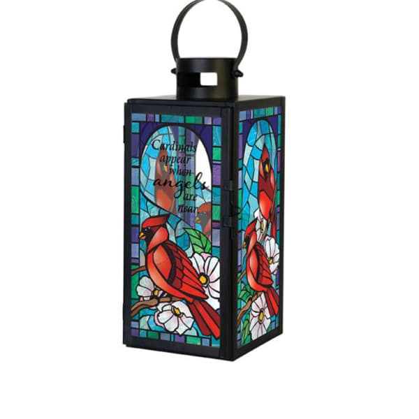 Decorative lantern with cardinal and flower stained-glass panels