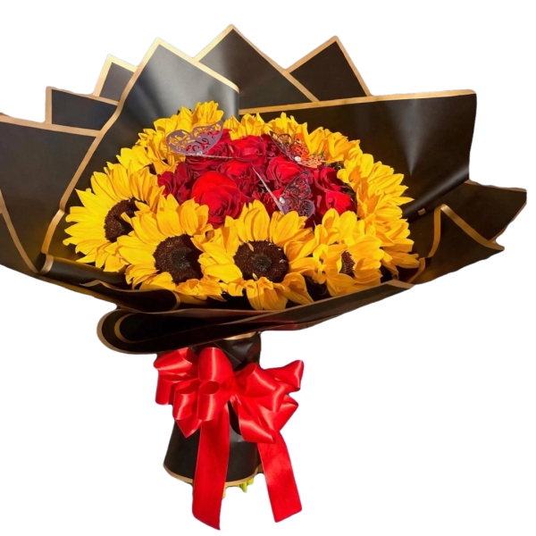 Bouquet of red roses and yellow sunflowers wrapped in black paper with a red bow