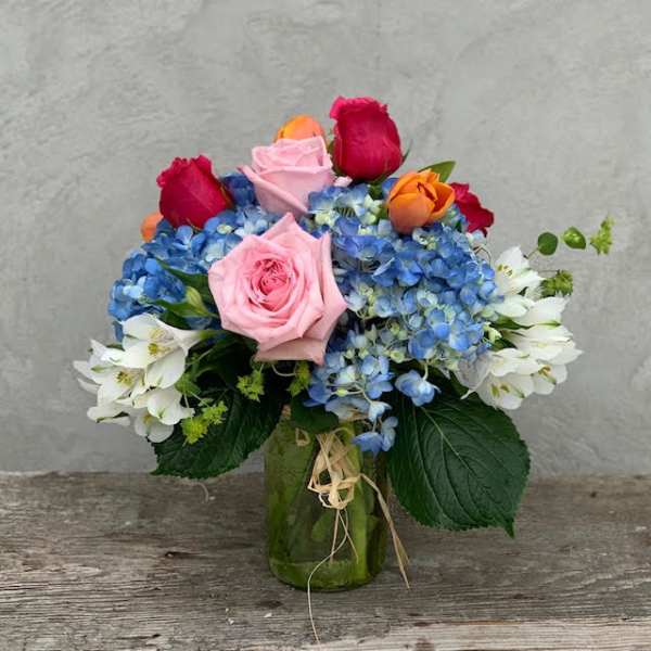 Bouquet of pink and red roses with blue hydrangeas in a glass jar