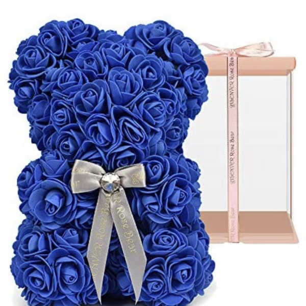 Blue rose teddy bear with a ribbon bow in a gift box