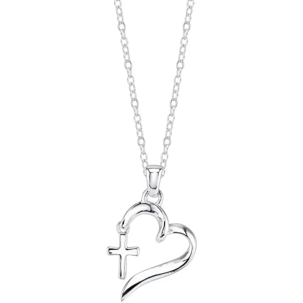 Silver necklace with a heart and cross pendant on a white background