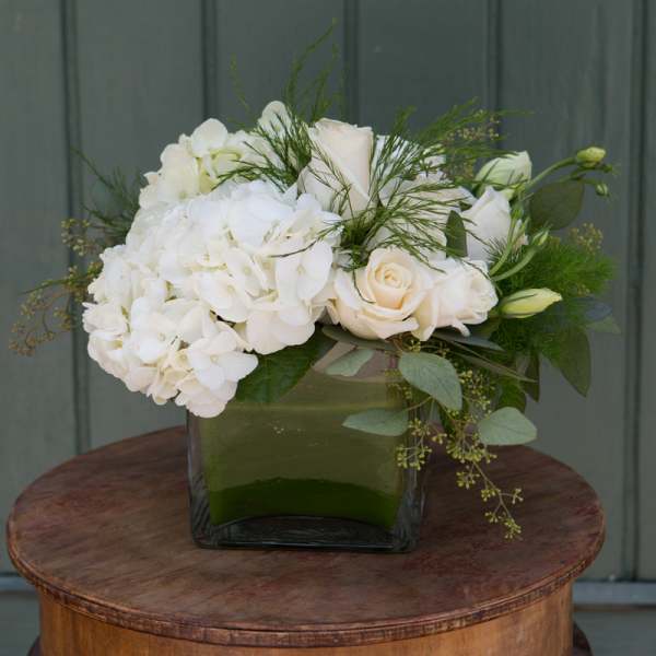 White roses and hydrangeas arranged in a square glass vase