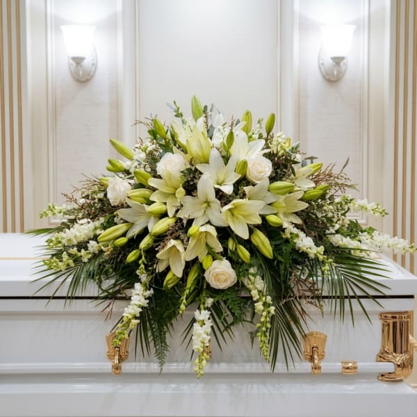White floral casket spray with lilies and roses