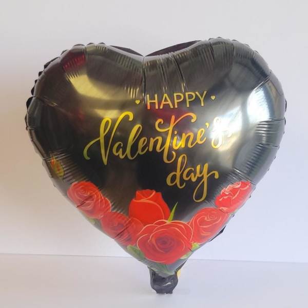 Heart-shaped balloon with Happy Valentine's Day text and red roses