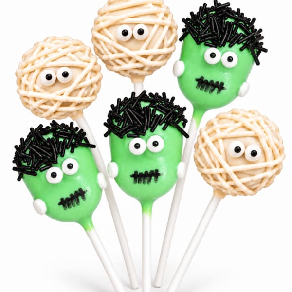 Monster-themed cake pops with green and beige icing on white sticks