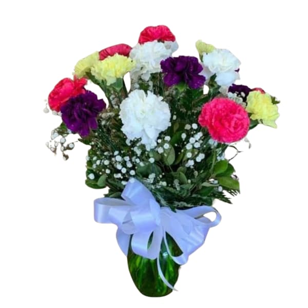 Bouquet of colorful carnations in a green vase with a blue ribbon