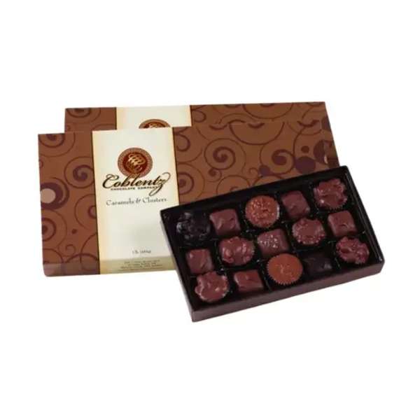 Box of assorted chocolates in a brown gift box