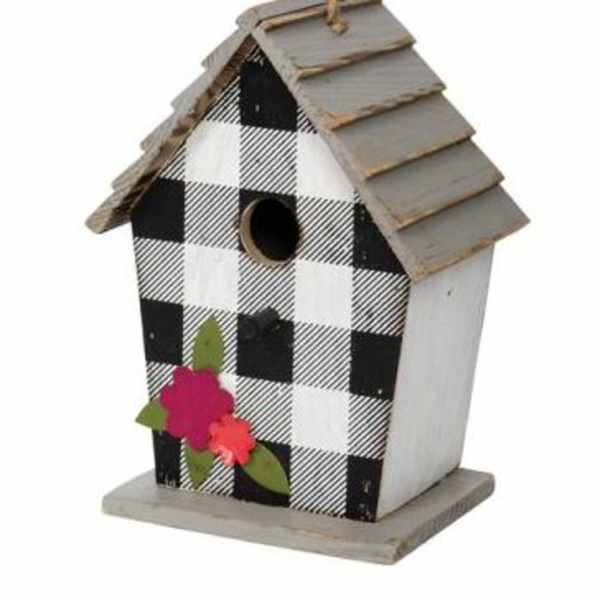Decorative wooden birdhouse with black-and-white check pattern and flower accents