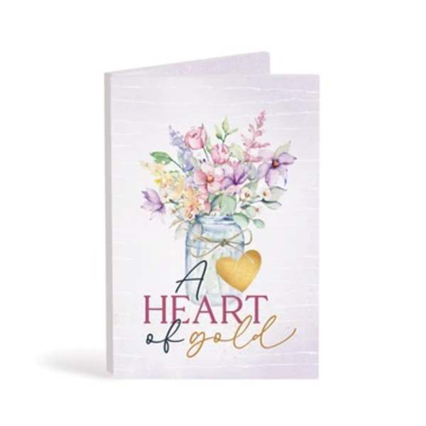 Greeting card with a watercolor flower bouquet and the words "A Heart of gold"