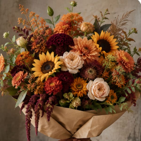 Bouquet of sunflowers, dahlias, and roses wrapped in brown paper