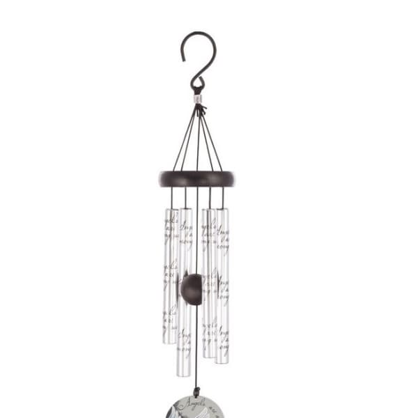Hanging metal wind chime with clear tubes and a round angel medallion
