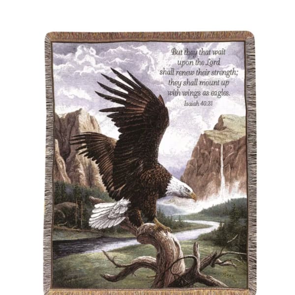 Woven throw blanket with a soaring bald eagle over a mountain landscape and scripture text