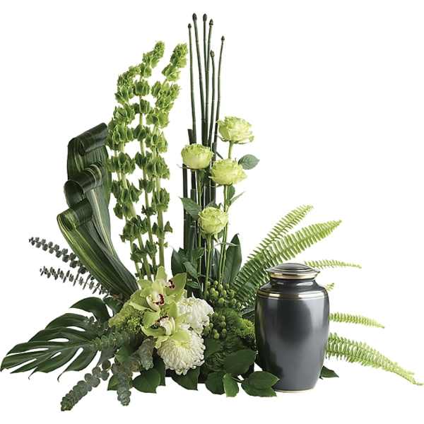 Green floral arrangement with a black urn