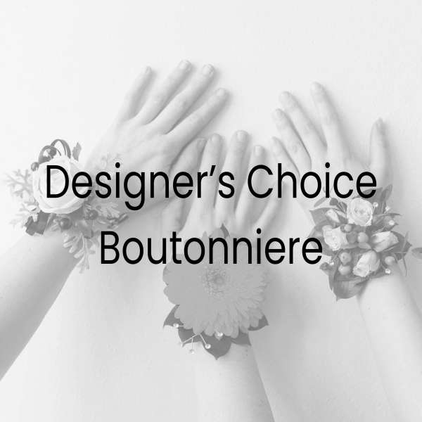 Hands wearing floral boutonnieres and a wrist corsage with text overlay