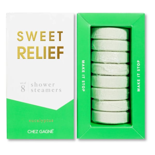 Box of eucalyptus shower steamers with green and white packaging
