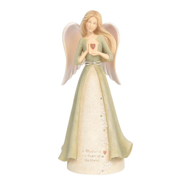 Angel figurine holding a small house with a heart
