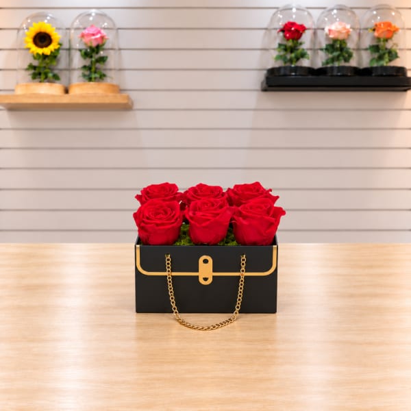 Red roses arranged in a black box with a gold chain handle