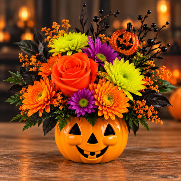Halloween bouquet in a jack-o'-lantern vase with orange, purple, and yellow flowers