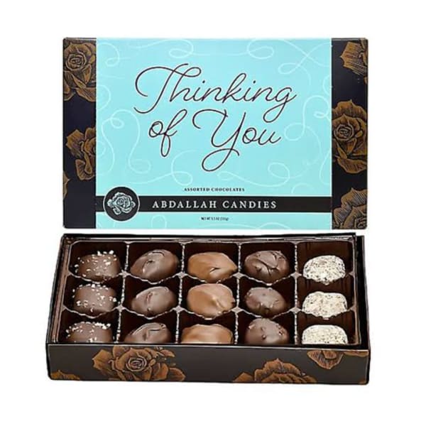 Box of assorted chocolates with a "Thinking of You" lid