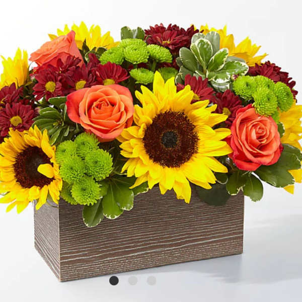 Sunflowers, orange roses, and green mums in a rectangular wooden box