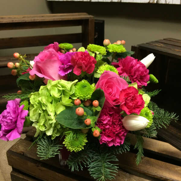 Bright pink and green mixed bouquet with roses and carnations