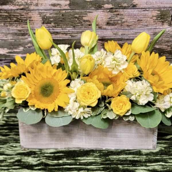 Yellow tulips, sunflowers, and white flowers in a rectangular wooden box
