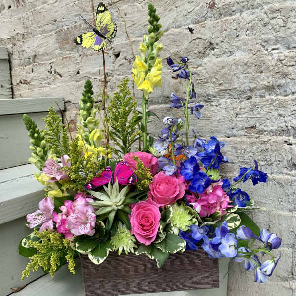 Bright mixed flower arrangement in a rectangular box with butterfly picks