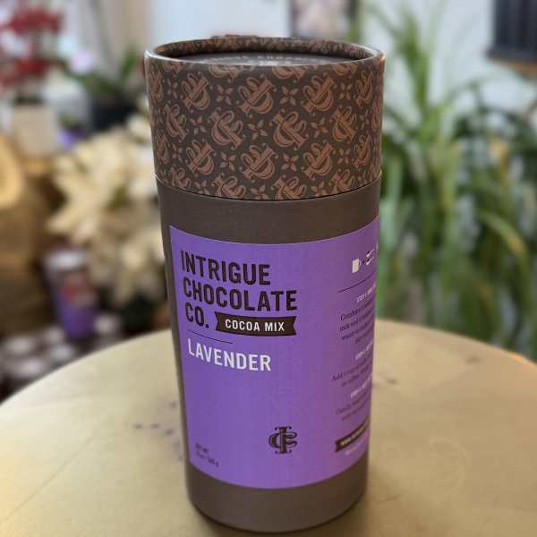 Lavender cocoa mix in a tall cylindrical container