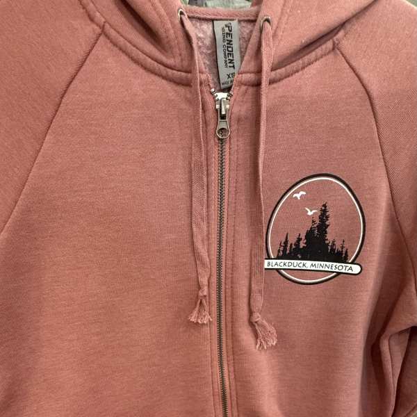 Pink zip-up hoodie with a Blackduck, Minnesota patch