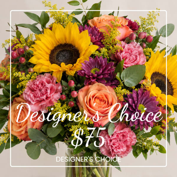 Mixed bouquet with sunflowers, roses, carnations, and purple mums
