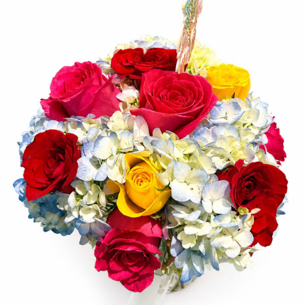 Bouquet of red, pink, and yellow roses with pale blue hydrangeas