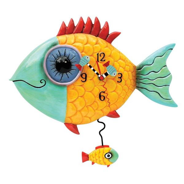 Colorful fish-shaped wall clock with a dangling small fish pendulum