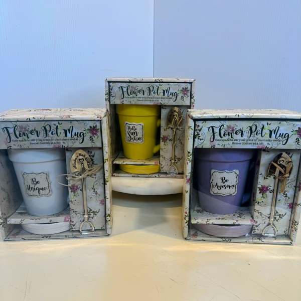 Three boxed flower pot mug gift sets with colorful mugs and matching saucers