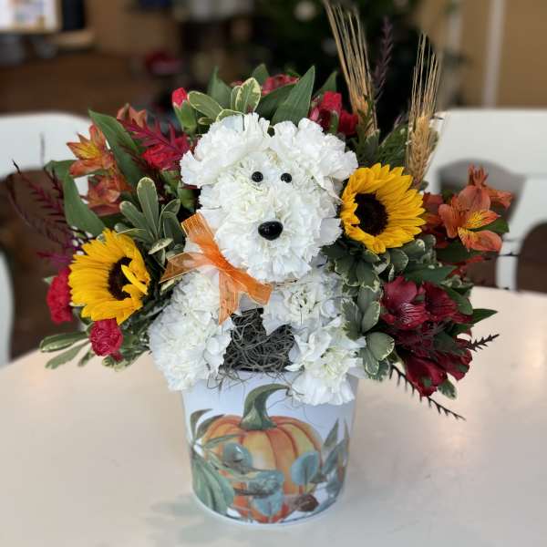 White floral dog arrangement in a pumpkin-decorated container with sunflowers