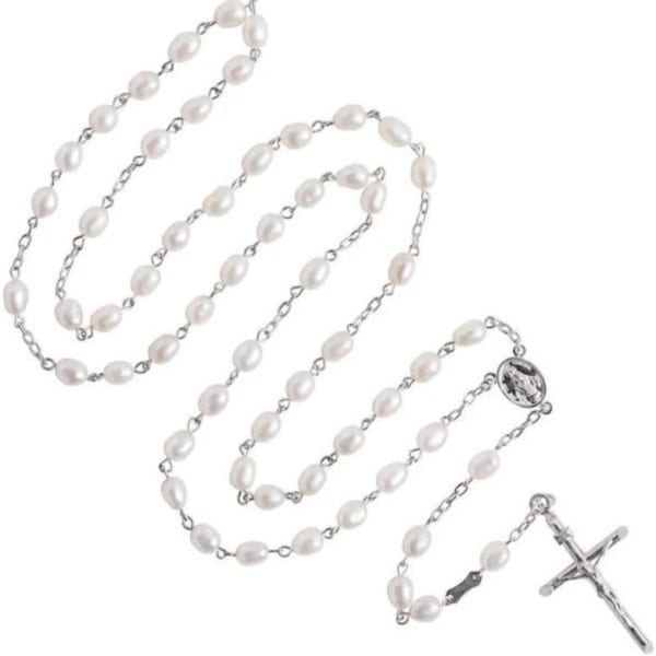 Pearl rosary with silver chain and crucifix on a white background