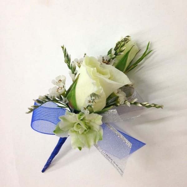 White rose boutonniere with blue and silver ribbon