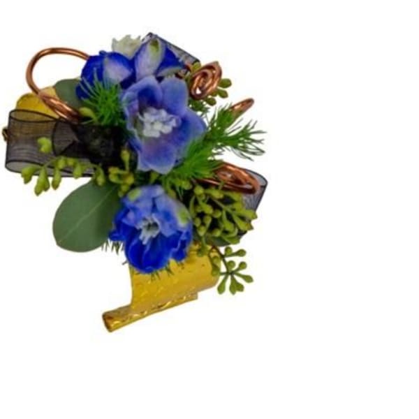Blue flowers with ribbon and copper wire accents