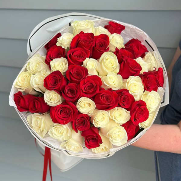 Bouquet of red and white roses wrapped in white paper