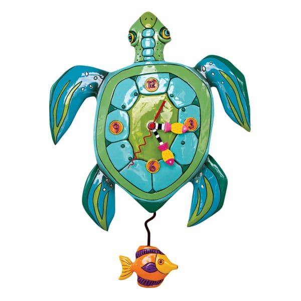 Colorful turtle-shaped wall clock with a hanging fish pendulum