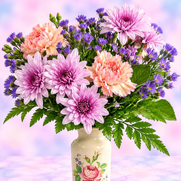 Pink and peach flowers arranged in a ceramic vase