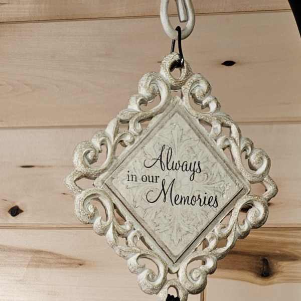 Decorative memorial wind chime with "Always in our Memories" plaque