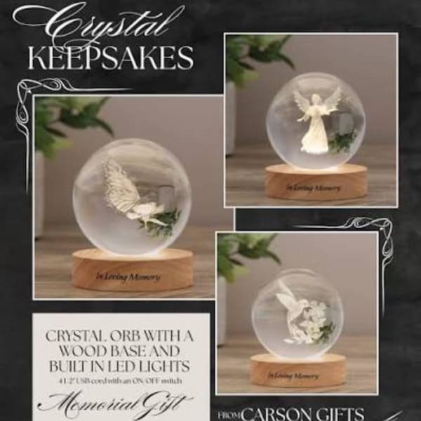 Crystal orb keepsake on a wood base with an angel inside