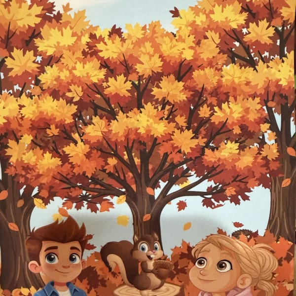 Cartoon children under autumn trees with falling leaves
